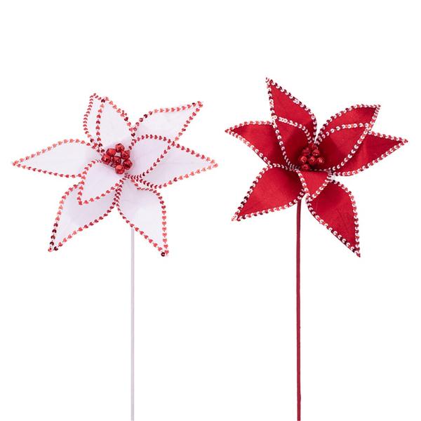 Red & White Poinsettia With Bells & Stem - 32cm x 50cm