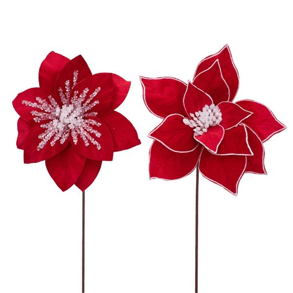 Red Velour With Glitter Finish Magnolia & Poinsettia With Stem - 50cm