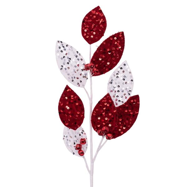 Red & White Sequin Leaf Stem - 68cm