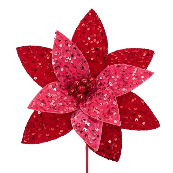 Red & Pink Sequin Poinsettia With Stem - 30cm x 50cm