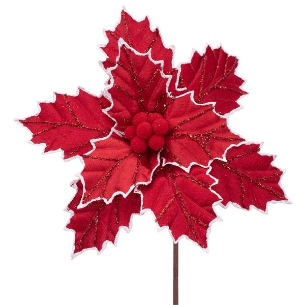 Red Velour With White Edging Poinsettia Stem - 26cm x 50cm