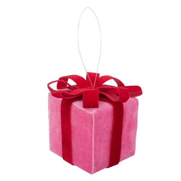 Candy Pink Velour Gift Box With Red Velour Bow Tree Ornament - 9cm x 9cm x 11cm