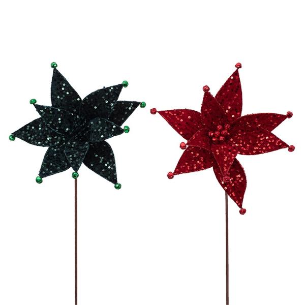 Emerald Green & Red Sequin Poinsettia With Bells On Tips Stem - 32cm x 50cm