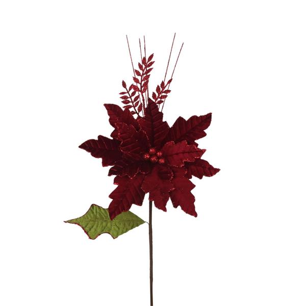 Burgundy Velvet Poinsettia With Leaf Burgundy Glitter Spray - 58cm