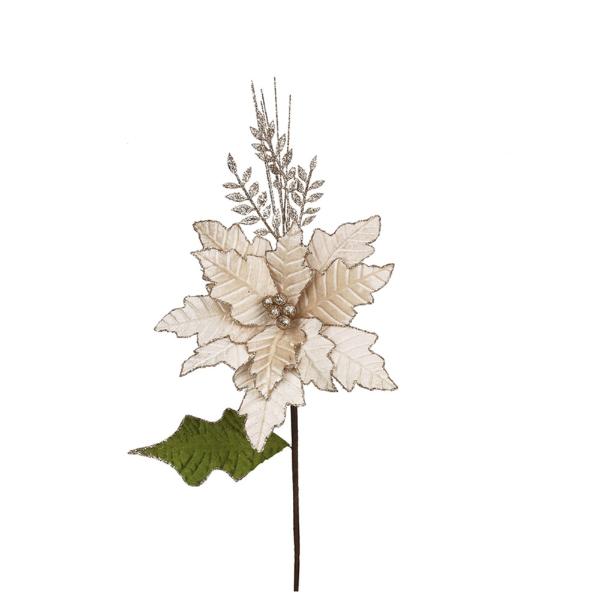 Gold Velvet Poinsettia With Leaf & Champagne Glitter Spray - 58cm