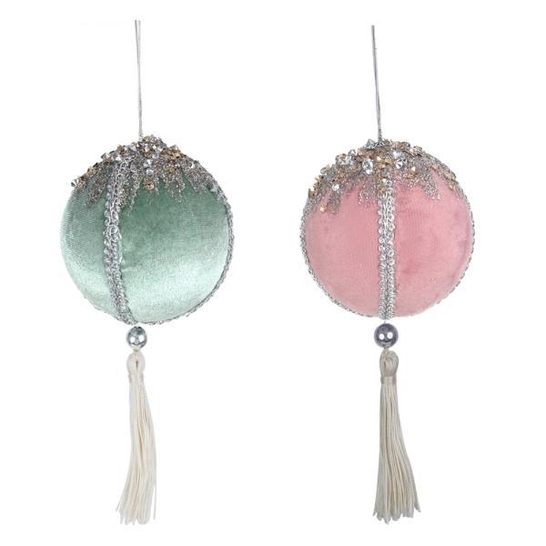 Assorted Blush Pink & Sage Ball With Tassel & Platinum Glitter Details - 8cm