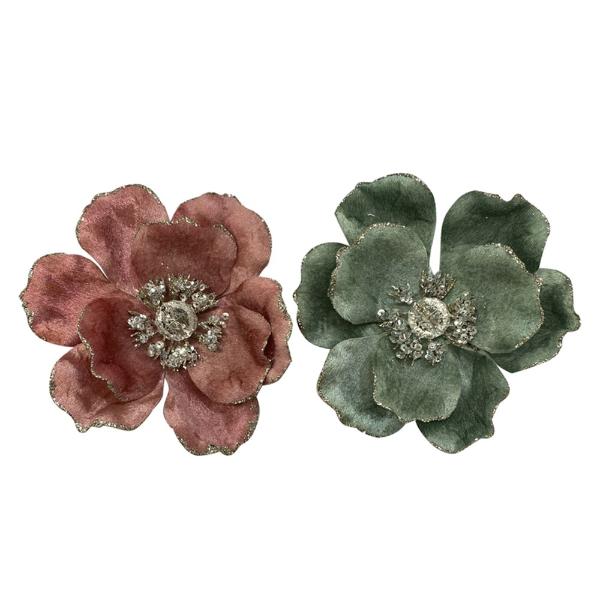 Assorted Blush Pink & Sage Velvet Magnolia With Platinum Details - 14cm
