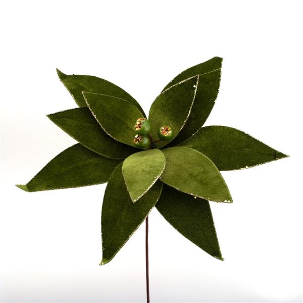 Green Poinsettia With Gumnuts In Champagne Glitter Detail Flower With Stem - 35cm x 30cm x 60cm