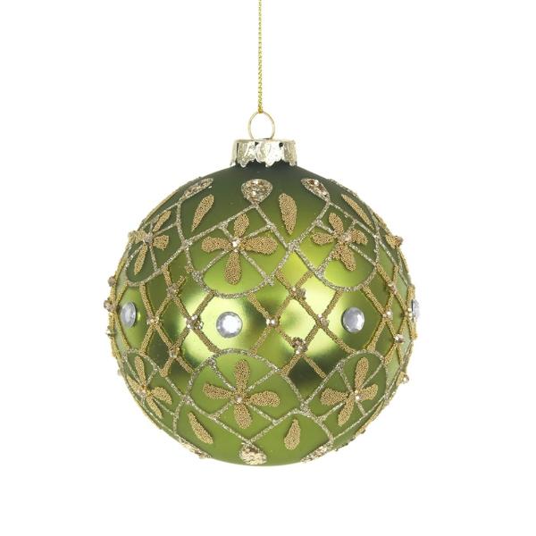 Sage Green With Glitter Details Glass Bauble - 10cm