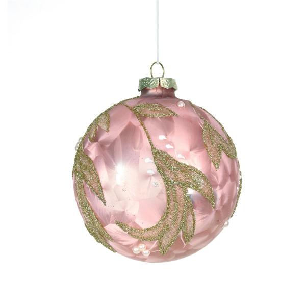 Pink With Glitter Detail Glass Bauble - 10cm