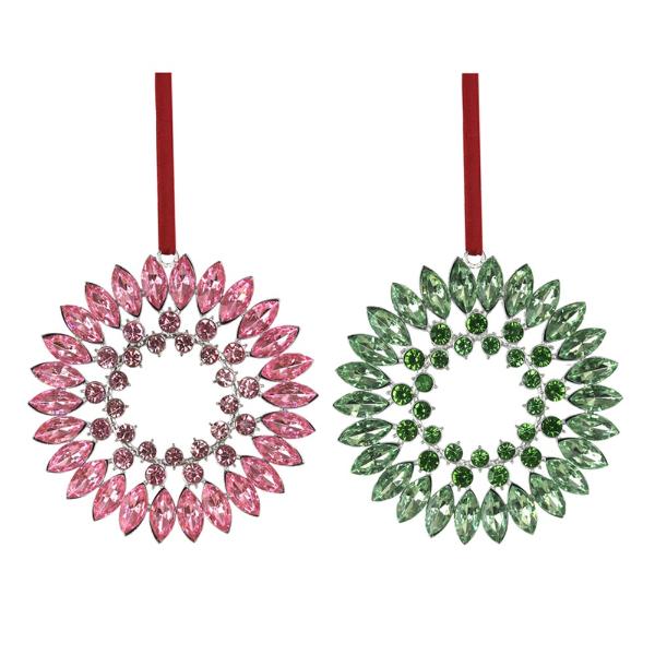 Pink Or Green Crystal Wreath Tree Ornament - 10cm