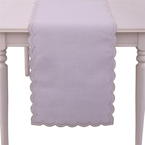 Silver Emrbroided Scalloped Edge Table Runner - 40cm x 173cm