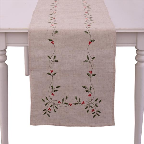 Emrbroided Holly Berry Table Runner - 40cm x 173cm