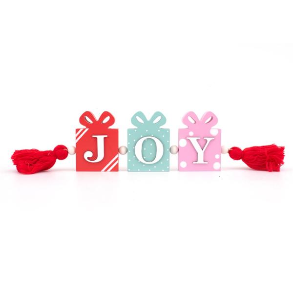 Joy Christmas Sign With Tassels - 26cm x 9cm x 2cm