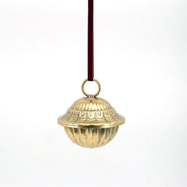 Gold Metal Bell With Burgundy Velvet Ribbon - 11.5cm x 12.5cm