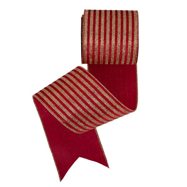 Red Velvet With Gold Glitter Stripes Ribbon & Wire Edge - 10cm x 10m