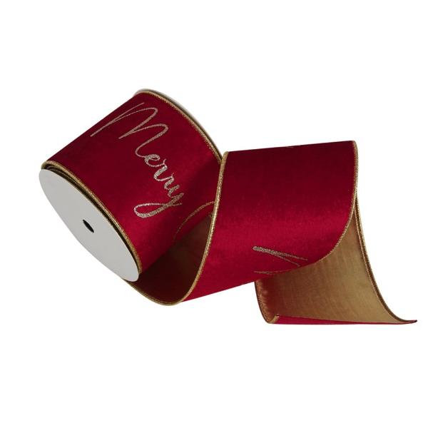 Red Velvet Ribbon With Glitter Merry Christmas & Wire Edge - 10cm x 10m