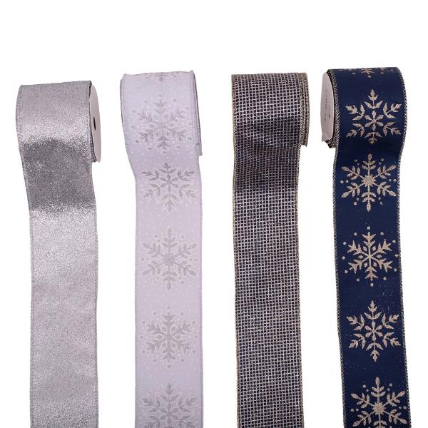 White & Silver Ribbon With Glitter Details - 6.3cm x 500cm