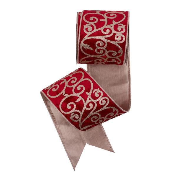 Red Velvet Ribbon With Champagne Glitter Detail & Wire Edge - 10cm x 10m