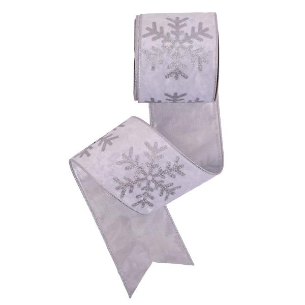White Velvet Ribbon With Silver Glitter Snowflake & Wire Edge - 10cm x 10m