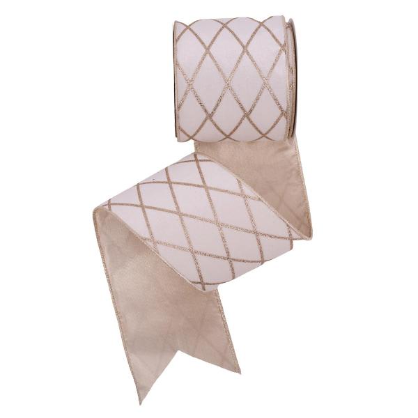 White Champagne Velvet Ribbon With Glitter Detail & Wire Edge - 10cm x 10m