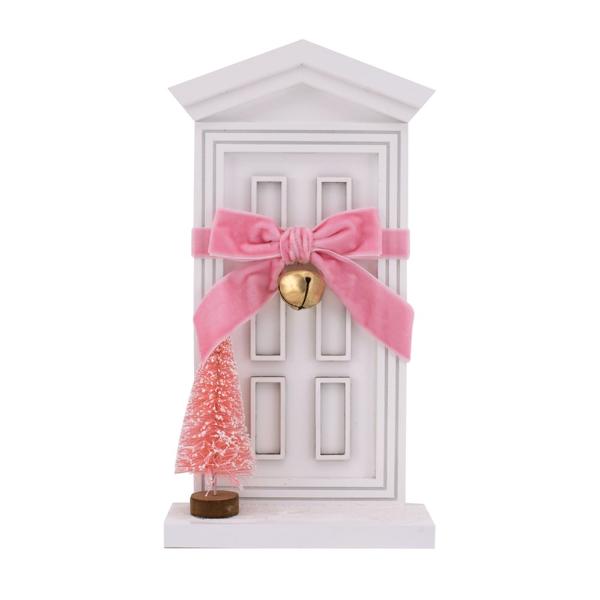 White Christmas Door With Pink Tree - 13.5cm x 7.5cm x 25.5cm