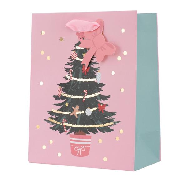 Medium Pink Christmas Tree Gift Bag - 18cm x 23cm x 10cm