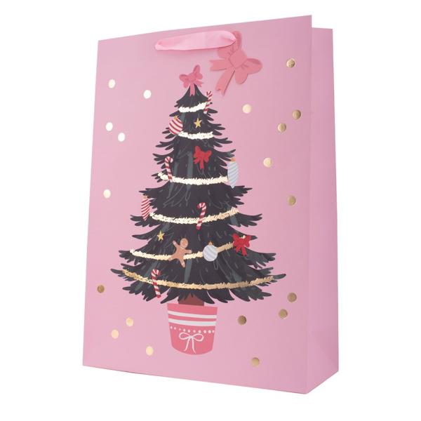 X Large Pink Christmas Tree Gift Bag - 30cm x 42cm x 12cm