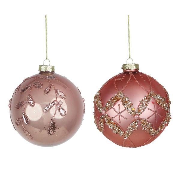 Pink Glass Bauble With Glitter Detail - 10cm