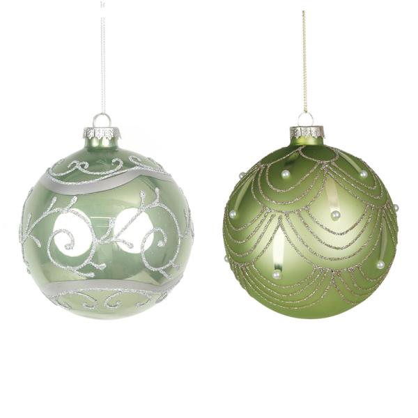 Mint Glass Bauble With Glitter Detail - 10cm