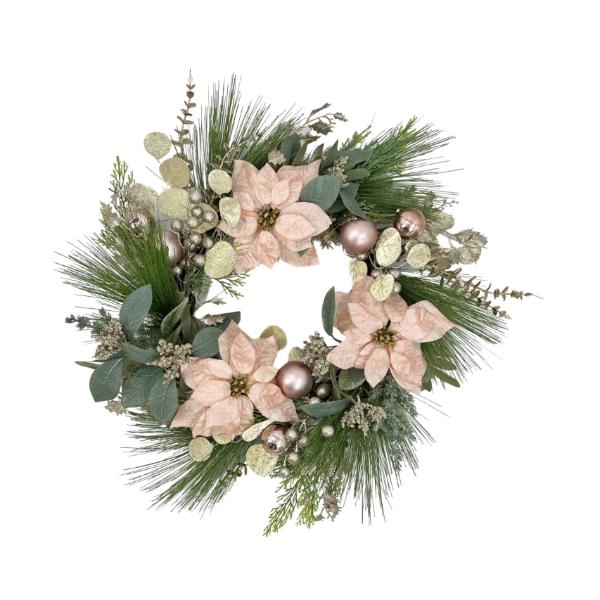 Large Christmas Pink Poinsettia Pine & Berry Wreath - 61cm