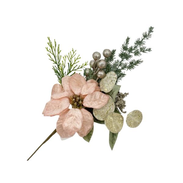 Christmas Pink Poinsettia Pine & Berry Spray - 40cm