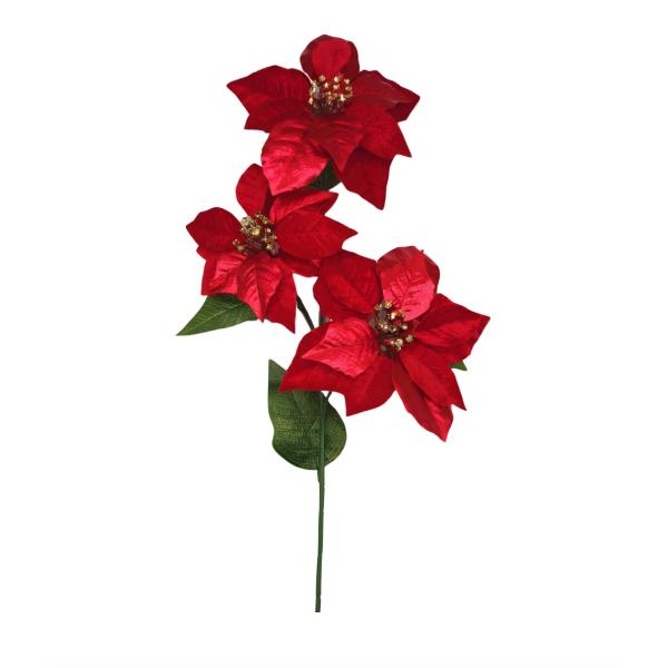3 Head Christmas Red Poinsettia Stem - 68cm