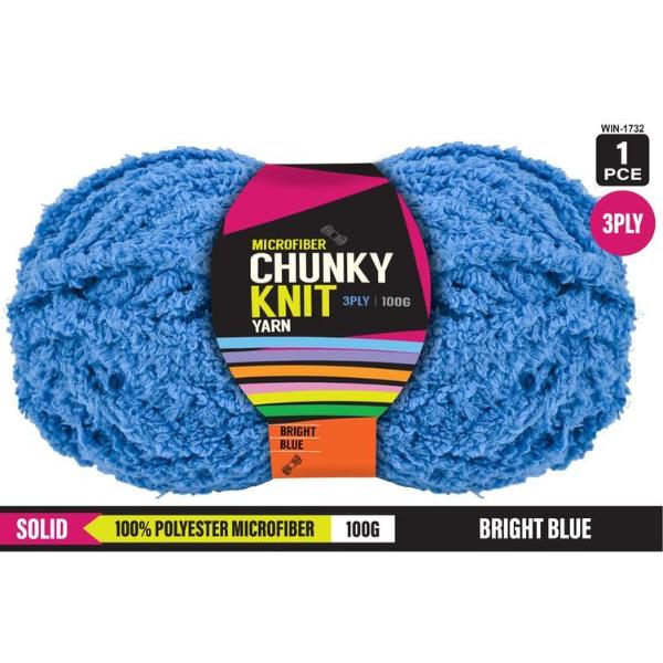 Solid Bright Blue 100% Polyester Microfibre 3Ply Chunky Knitting Yarn - 100g