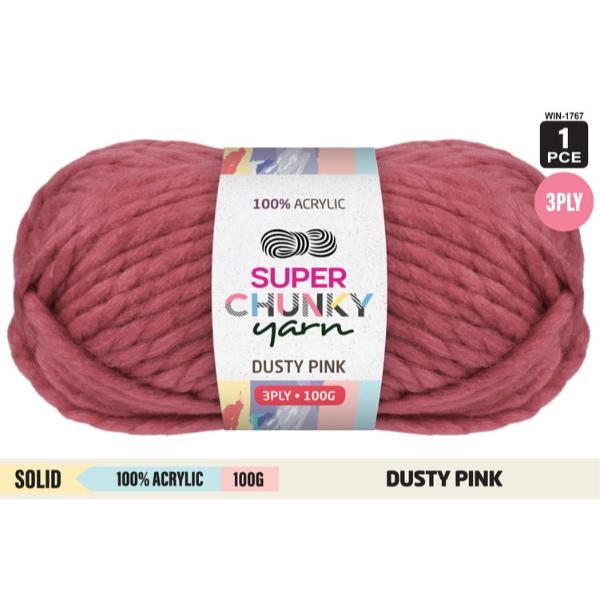 Solid Dusty Pink 100% Acrylic Super Chunky 3Ply Yarn - 100g