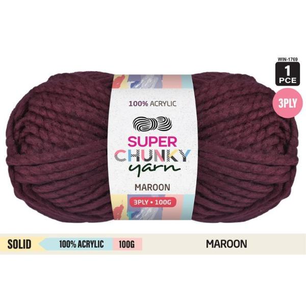 Solid Maroon 100% Acrylic Super Chunky 3Ply Yarn - 100g
