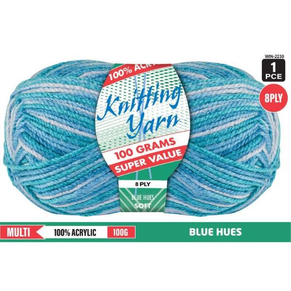 Multi Blue Hues 100% Acrylic 8 Ply Knitting Yarn - 100g
