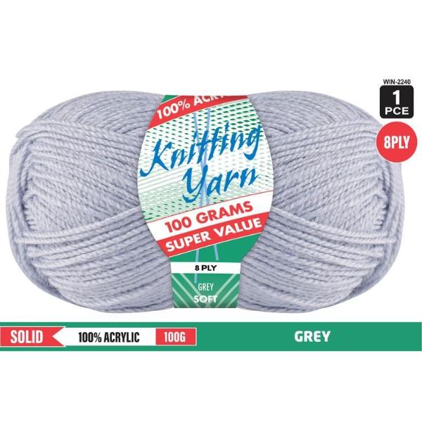 Solid Grey 100% Acrylic 100% Acrylic 8 Ply Knitting Yarn - 100g