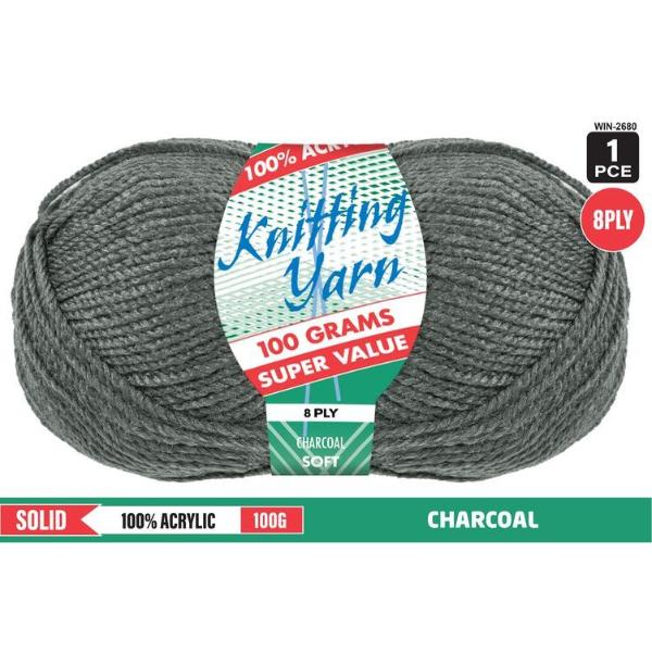 Solid Charcoal 100% Acrylic 8 Ply Knitting Yarn - 100g