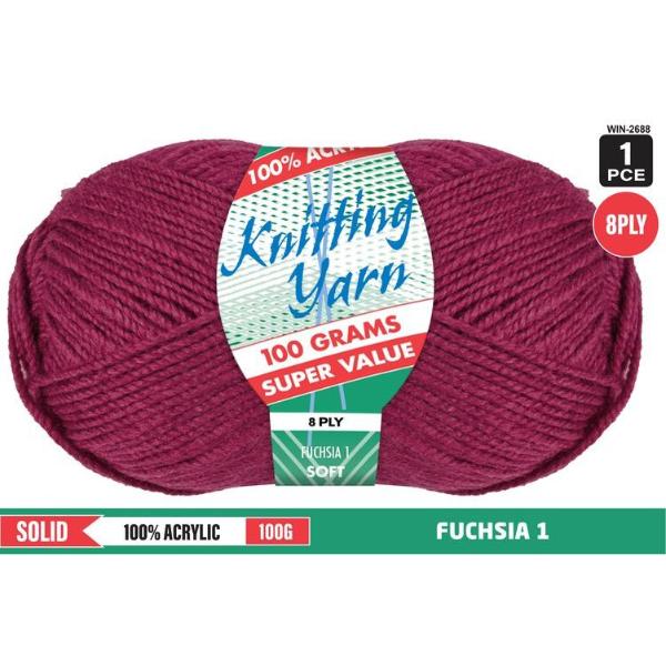 Solid Fuchsia 1 100% Acrylic 8 Ply Knitting Yarn - 100g