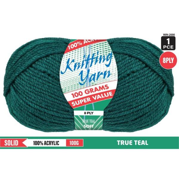 Solid True Teal 1 100% Acrylic 8 Ply Knitting Yarn - 100g