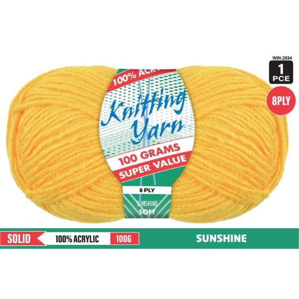 Solid Sunshine 100% Acrylic 8 Ply Knitting Yarn - 100g