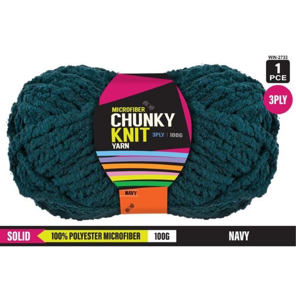 Solid Navy 100% Polyester Microfibre Chunky 3 Ply Knitting Yarn - 100g