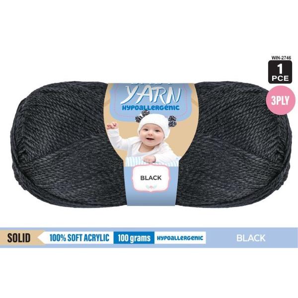 Solid Black Hypoallergenic 100% Soft Acrylic 3 Ply Yarn - 100g