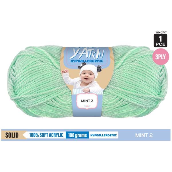 Solid Mint 2 Hypoallergenic 100% Soft Acrylic 3 Ply Yarn - 100g