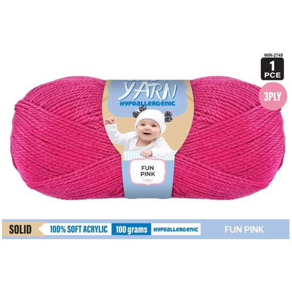 Solid Fun Pink Hypoallergenic 100% Soft Acrylic 3 Ply Yarn - 100g