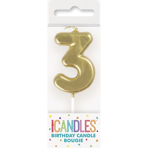 Mini Gold Numeral Pick 3 Birthday Candle - 8cm
