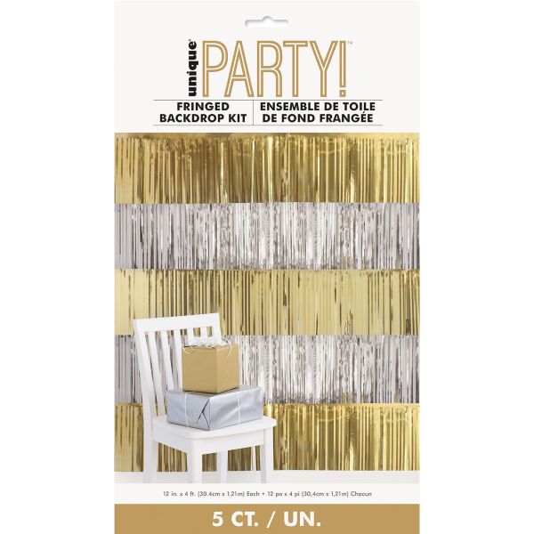 Fringed Backdrop Kit - 5 Silver & Gold Foil Fringes - 30.4cm x 1.21m