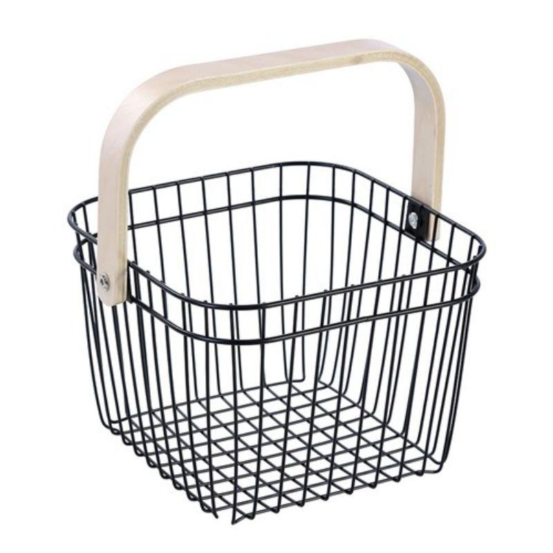 Black Wire Storage Basket with Birch Wood Handle - 24cm x 24cm x 17cm