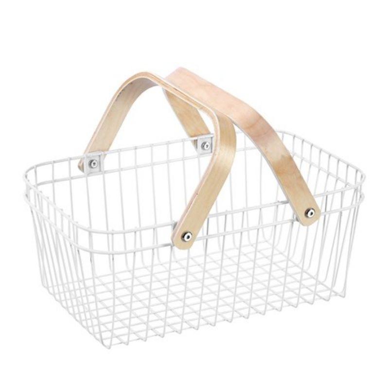 White Wire Storage Basket with Birch Wood Handle - 39cm x 24cm x 16cm